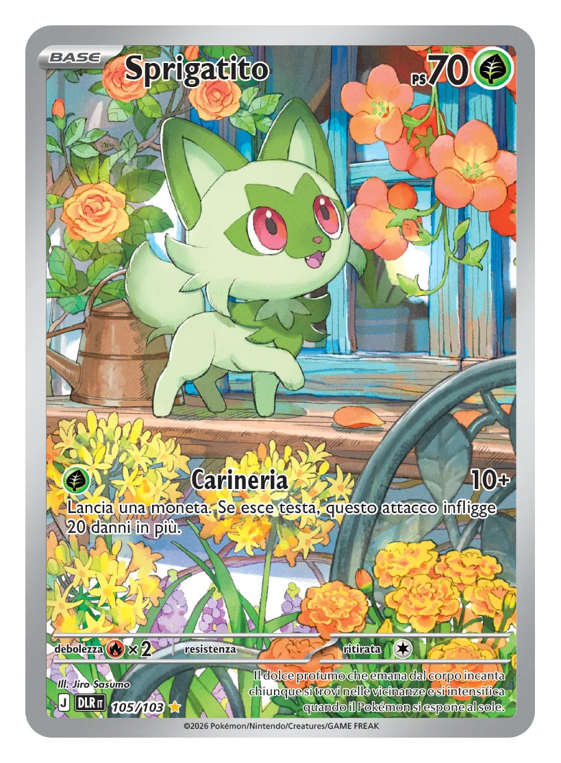 Sprigatito — Dominio Delta DLR IT 105/103, Rara Illustrazione — anteprima The Pokémon Company / Everyeye Immagine principale del prodotto